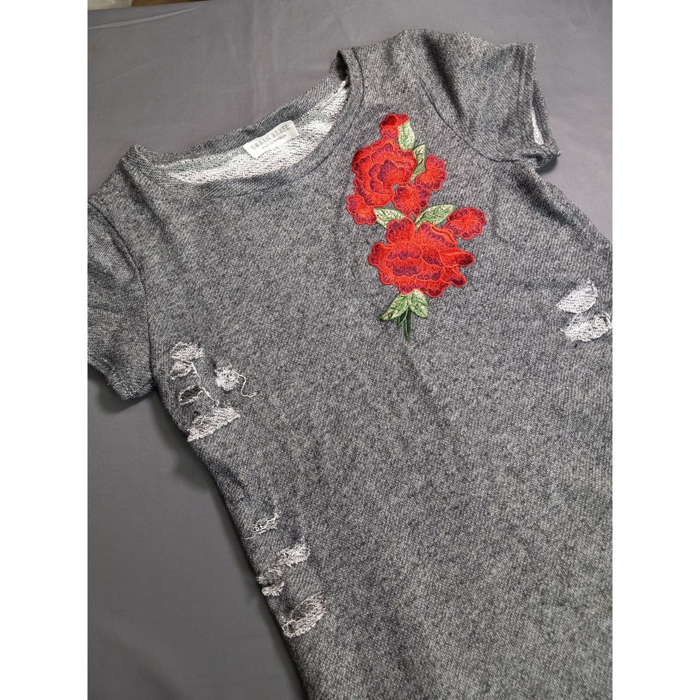 Urban Rebel Distressed Gray Tunic Top Embroidered Rose Patch‎ Grunge Streetwear